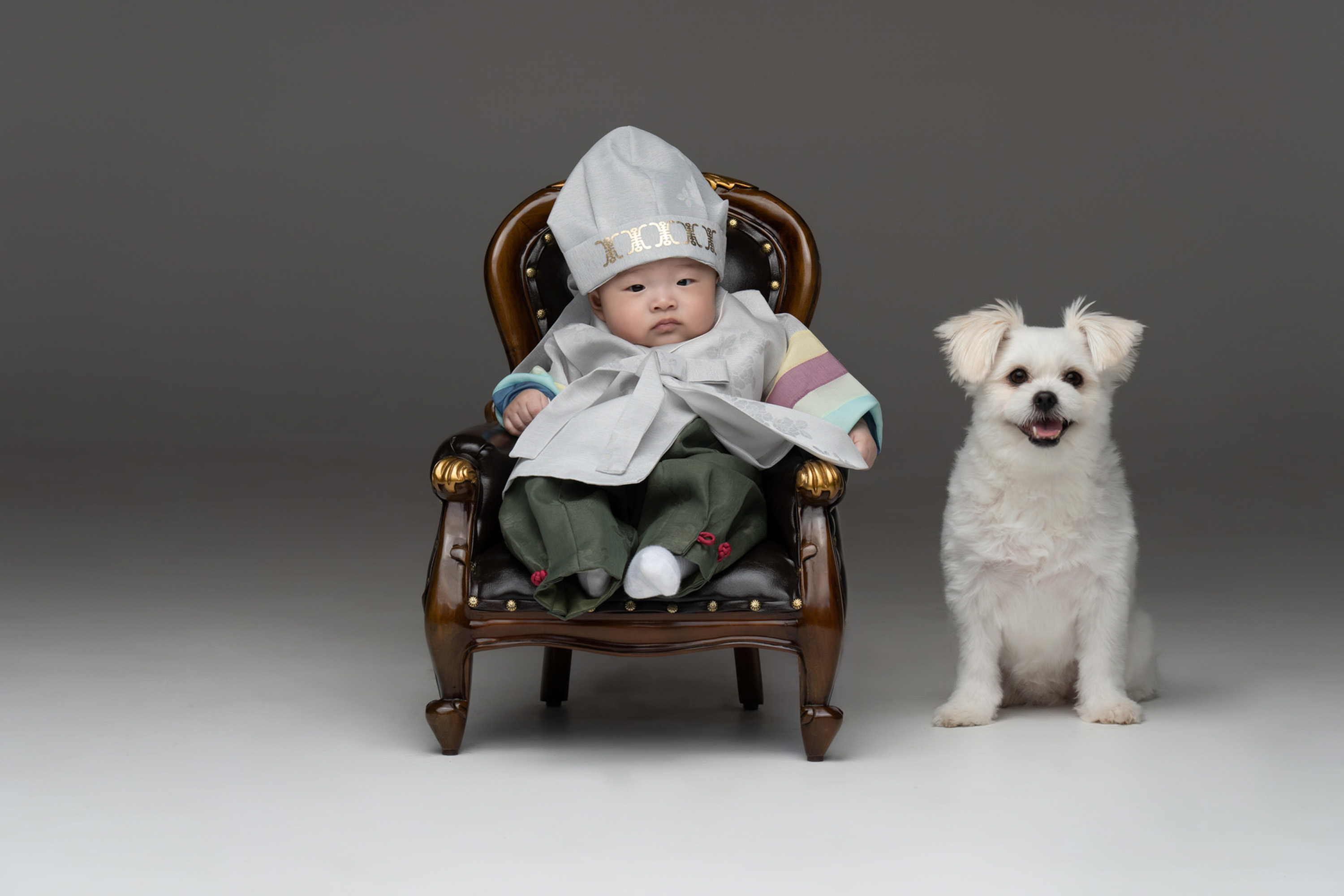 Baby wearing hanbok seated beside a small white dog